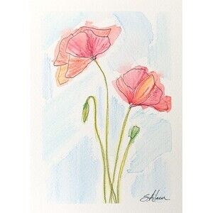 Watercolor Painting Expressive Floral Poppies Blue Sky Impressionist Signed 5x7